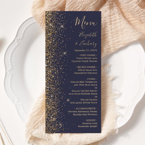 Modern Dark Blue Gold Glitter Edge Wedding Menu