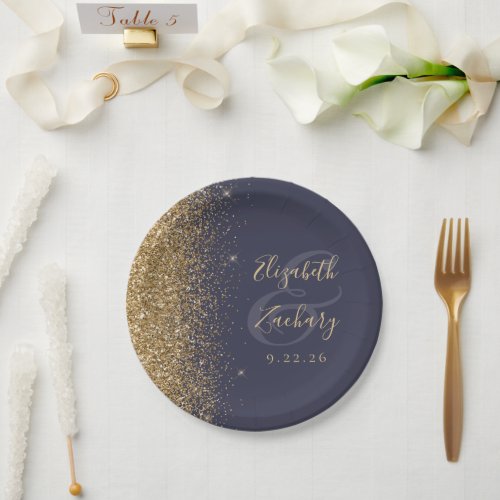 Modern Dark Blue Gold Glitter Edge Wedding Paper Plates