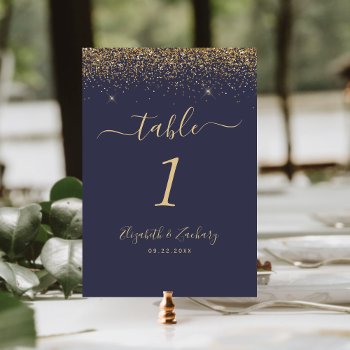 Modern Dark Blue Gold Glitter Edge Wedding Table Number by Wedding_Paper_Nest at Zazzle