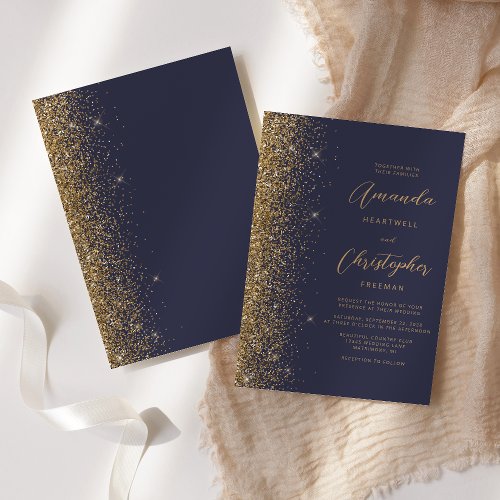 Modern Dark Blue Gold Glitter Script Wedding Invitation