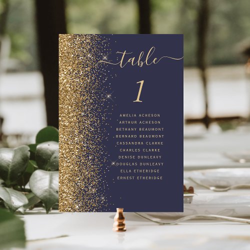 Modern Dark Blue Gold Glitter Wedding Table Number