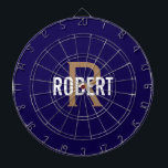 Modern dark blue gold monogram name dart board<br><div class="desc">Modern dark blue dart board with a white name and gold monogram. Personalize with name and initial.</div>