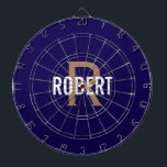 Modern dark blue gold monogram name dart board<br><div class="desc">Modern dark blue dart board with a white name and gold monogram. Personalize with name and initial.</div>