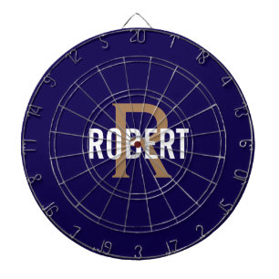 Modern dark blue gold monogram name dart board
