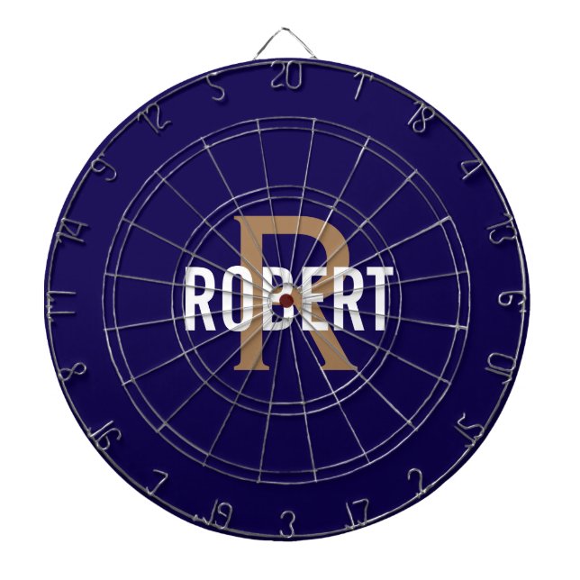 Modern dark blue gold monogram name dart board (Front)
