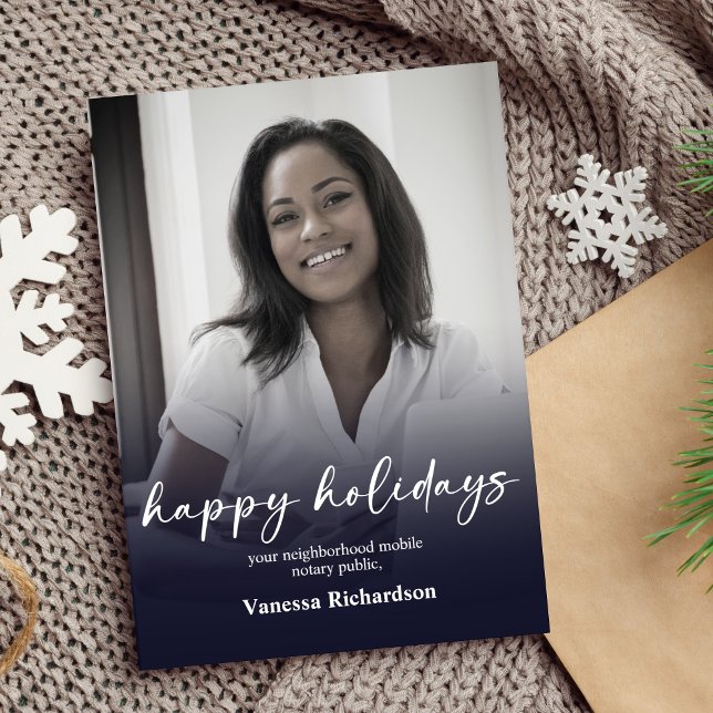 Modern Dark Blue Gradient Photo Notary Christmas  Holiday Card (Creator Uploaded)