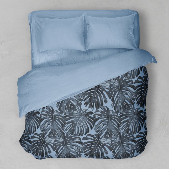 Modern Dark Blue Gray Tropical Leaves Duvet Cover (Creator Uploaded)