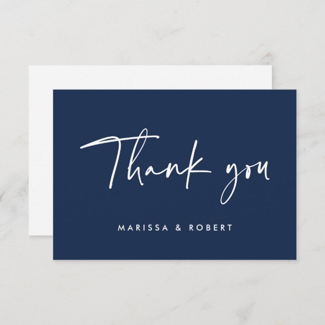Modern Dark Blue Handwritten Script Wedding  Thank You Card (Front/Back)