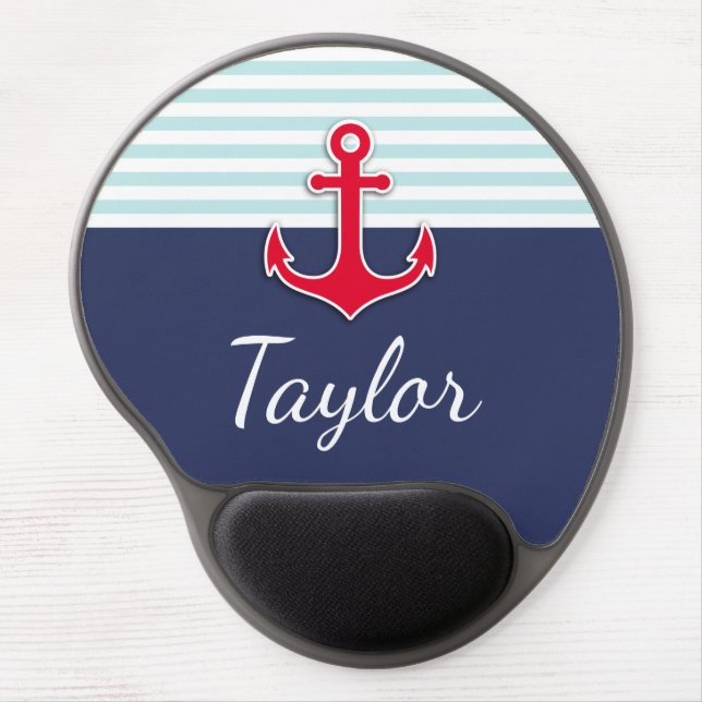 Modern Dark Blue Nautical Design Custom Name Gel Mouse Pad (Front)