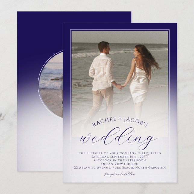 Modern Dark Blue Ombre 2-Photo Wedding Invitation (Front/Back)