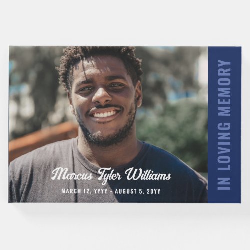 Modern Dark Blue Photo In Loving Memory Guest Book