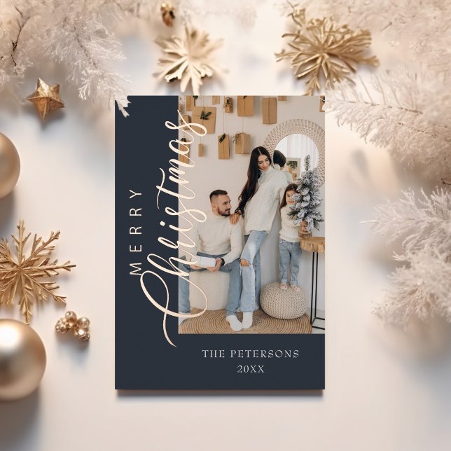 Modern Dark Blue Rose Gold Foil Photo Christmas Holiday Card (Modern Dark Blue Rose Gold Photo Christmas Foil Holiday Card with golden Christmas decoration.)