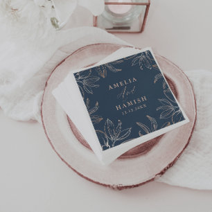 Modern Dark Blue & Rose Gold Foliage Wedding Napkins