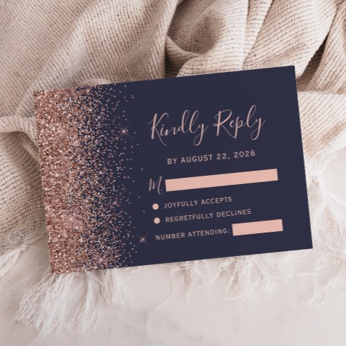 Modern Dark Blue Rose Gold Glitter Edge RSVP Card