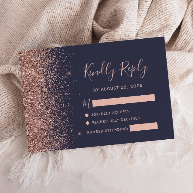Modern Dark Blue Rose Gold Glitter Edge RSVP Card (Creator Uploaded)