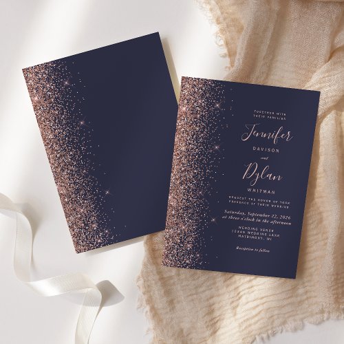 Modern Dark Blue Rose Gold Glitter Edge Wedding In Invitation