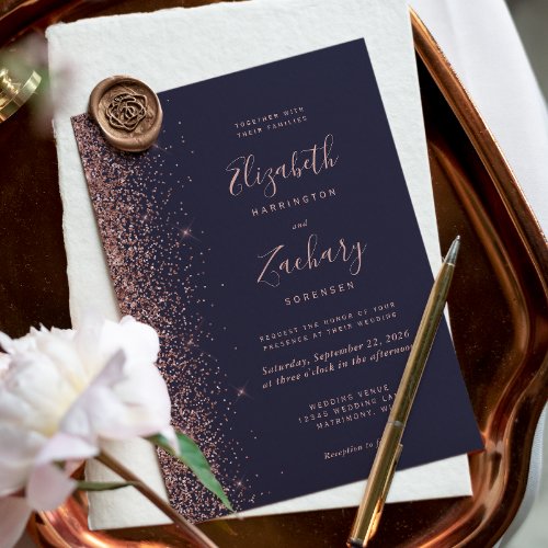 Modern Dark Blue Rose Gold Glitter Edge Wedding Invitation