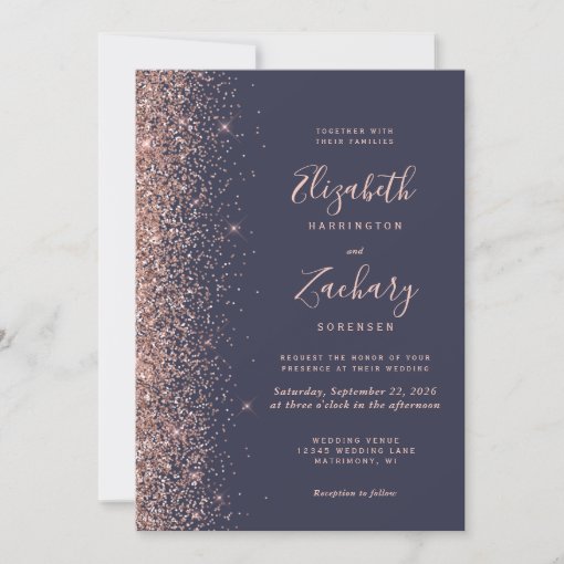 Modern Dark Blue Rose Gold Glitter Edge Wedding Invitation | Zazzle