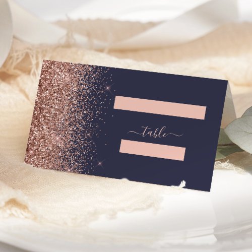 Modern Dark Blue Rose Gold Glitter Edge Wedding Place Card