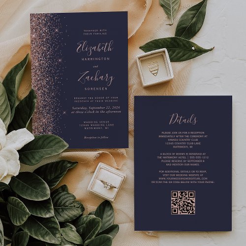 Modern Dark Blue Rose Gold Glitter QR Code Wedding Invitation