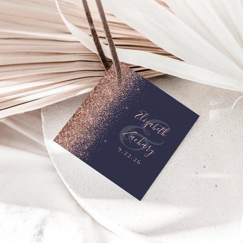 Modern Dark Blue Rose Gold Glitter Wedding Favor Tags