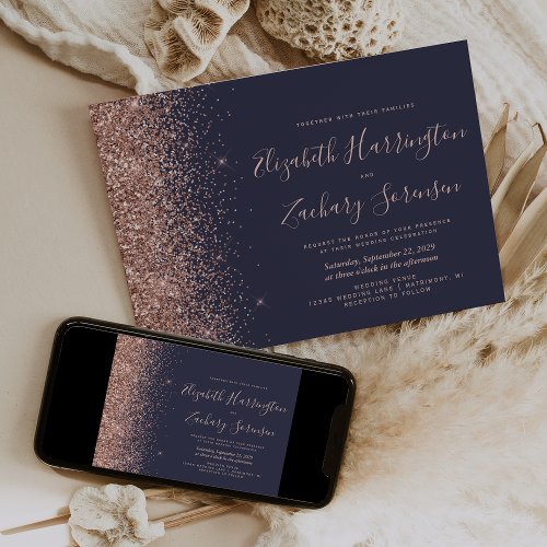 Modern Dark Blue Rose Gold Glitter Wedding Invitation