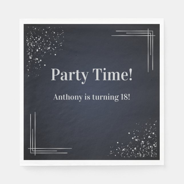 Modern Dark Blue & Silver 18th Birthday Napkins (Front)