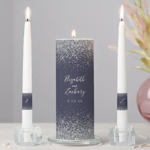 Modern Dark Blue Silver Faux Glitter Edge Unity Candle Set