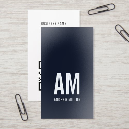 Modern Dark Blue Silver Foil Bold Monogram QR Code Business Cards