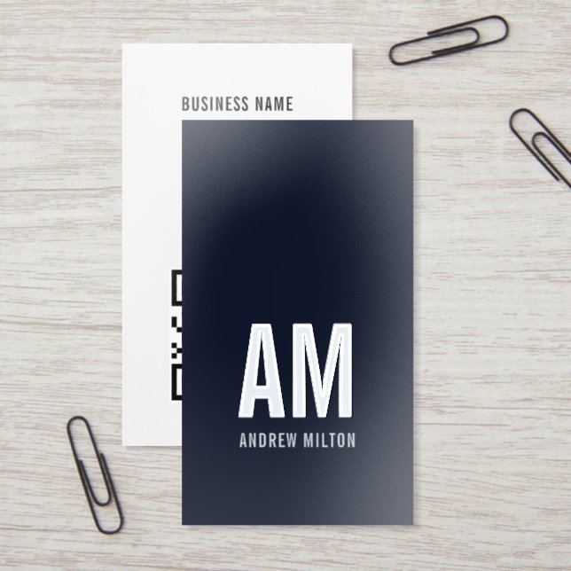 Modern Dark Blue Silver Foil Bold Monogram QR Code Business Cards (Desk)