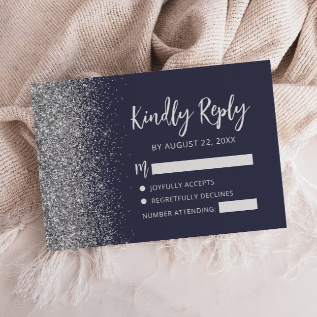 Modern Dark Blue Silver Glitter Edge Script RSVP Card (Creator Uploaded)