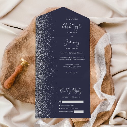 Modern Dark Blue Silver Glitter Wedding All In One Invitation