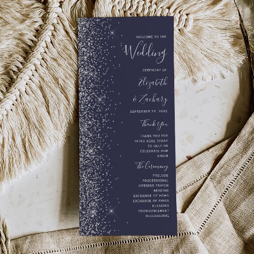 Modern Dark Blue Silver Glitter Wedding Program