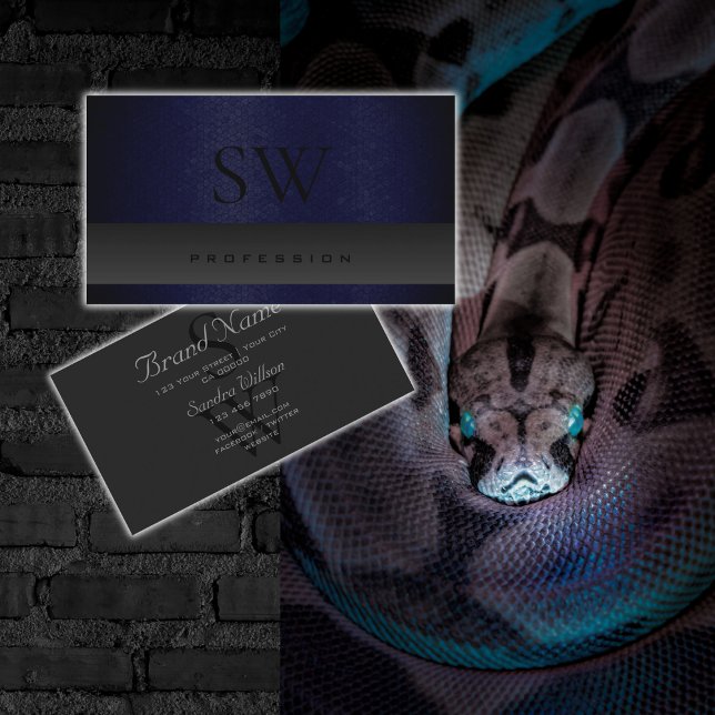 Modern Dark Blue Snake Pattern Gray with Monogram Business Card (Creator Uploaded)