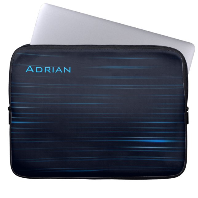 Modern Dark Blue Striped Pattern With Name Laptop Sleeve (Front)