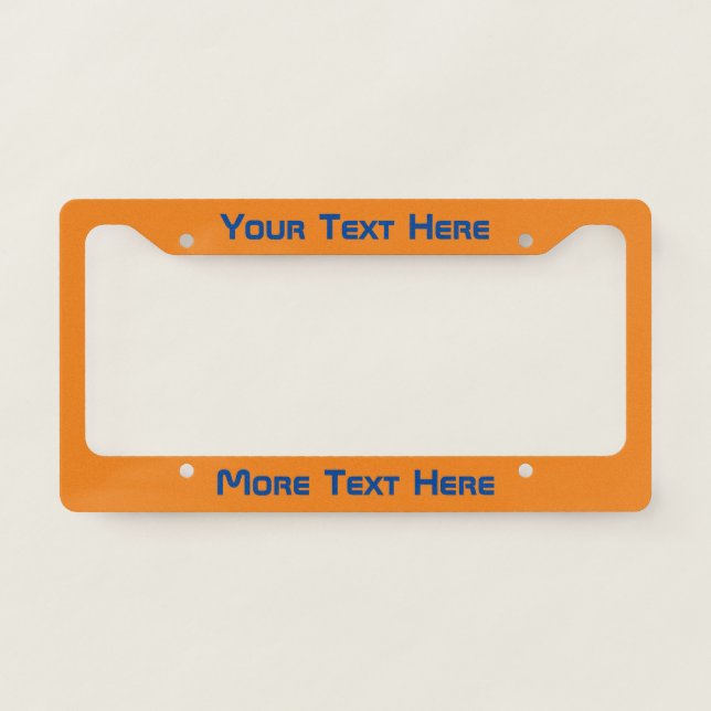 Modern Dark Blue Text on Orange License Plate Frame (Front)