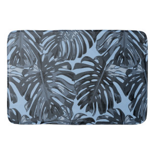 Modern Dark Blue Tropical Palm Leaves Bath Mat