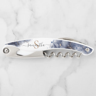 Modern Dark Blue Watercolor Gold Monogram Waiter's Corkscrew