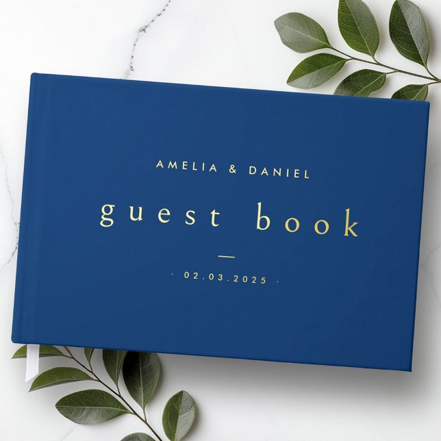 Modern dark blue wedding names and date real foil foil guest book  (Modern dark blue wedding names and date real foil foil guest book)