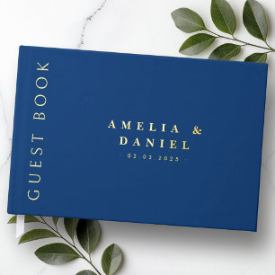 Modern dark blue wedding names and date real foil guest book