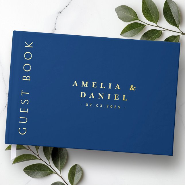 Modern dark blue wedding names and date real foil guest book  (Modern dark blue wedding names and date real foil foil guest book)