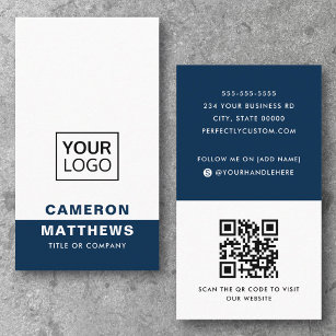 Modern dark blue white add logo social media icons business card