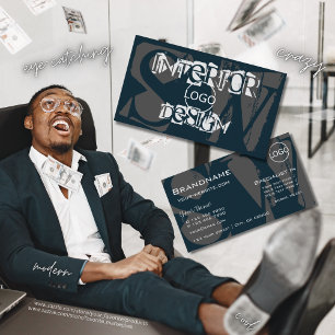 Modern Dark Blue White Gray with Logo and Monogram Business Card