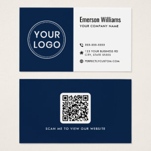Modern dark blue white logo QR code business card