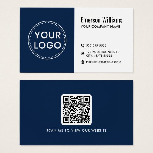 Modern dark blue white logo QR code business card