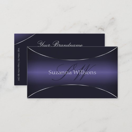 Modern Dark Blue with Silver Border and Monogram Business Card