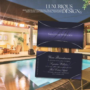 Modern Dark Blue with Silver Border and Monogram Business Card