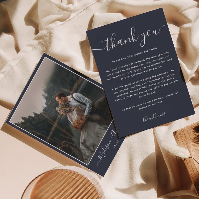 Modern Dark Blue with Two Photo Wedding Thank You Card (Creator Uploaded)