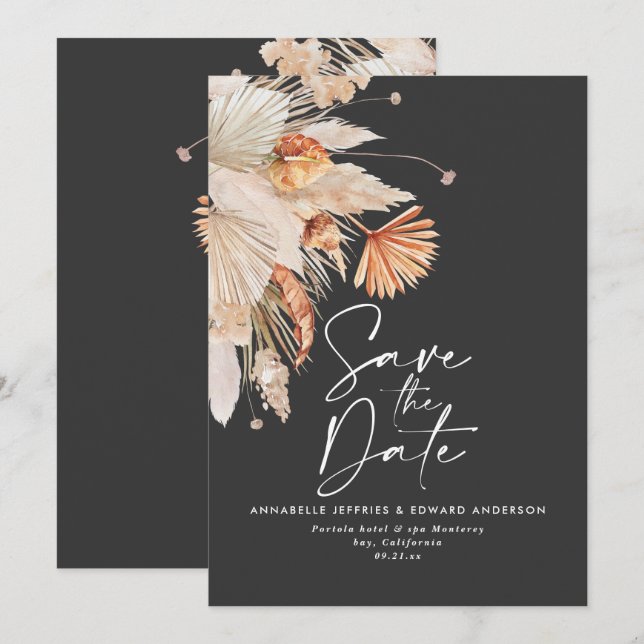 Modern dark bohemian botanical  pampas grass  save the date (Front/Back)
