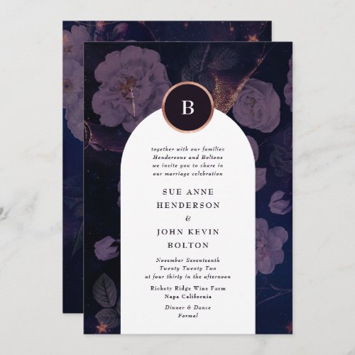 Modern Dark Boho Floral Arch Rose Gold Wedding Invitation